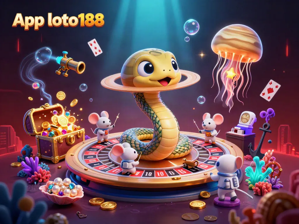 Engage in thrilling bets with App loto188 as astronaut mice and a cosmic dealer create a vibrant gaming scene.