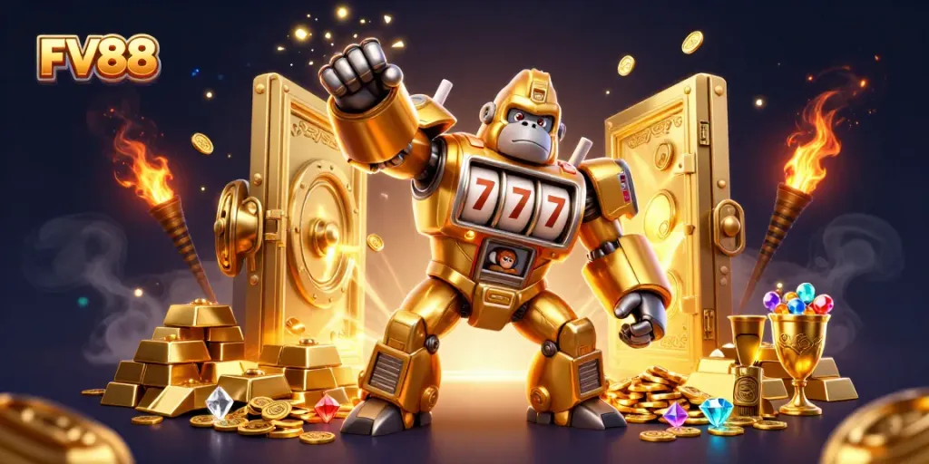 Experience FV88’s exhilarating gaming environment with a vivid 3D illustration featuring a unique golden gorilla mech.