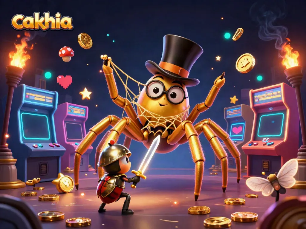Cakhia combines a vibrant casino scene with an adventurous cartoon tarantula and beetle knight.