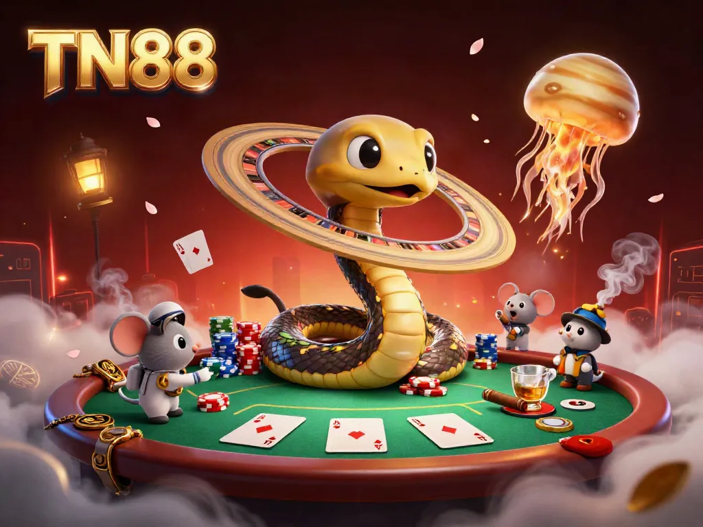 Engaging 3D TN88 casino scene with a Saturn ring snake as a roulette wheel and astronaut mice betting