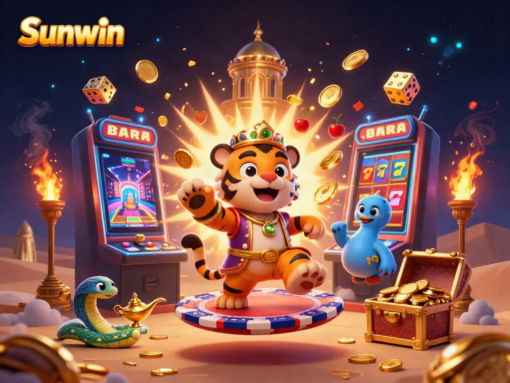 Experience the thrill of Sunwin, featuring an Arabian-themed illustration with vibrant casino elements and excitement.