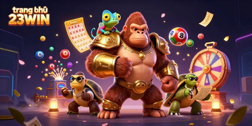 Experience the excitement of gambling with characters celebrating on the trang chủ 23WIN, amidst vibrant game elements.