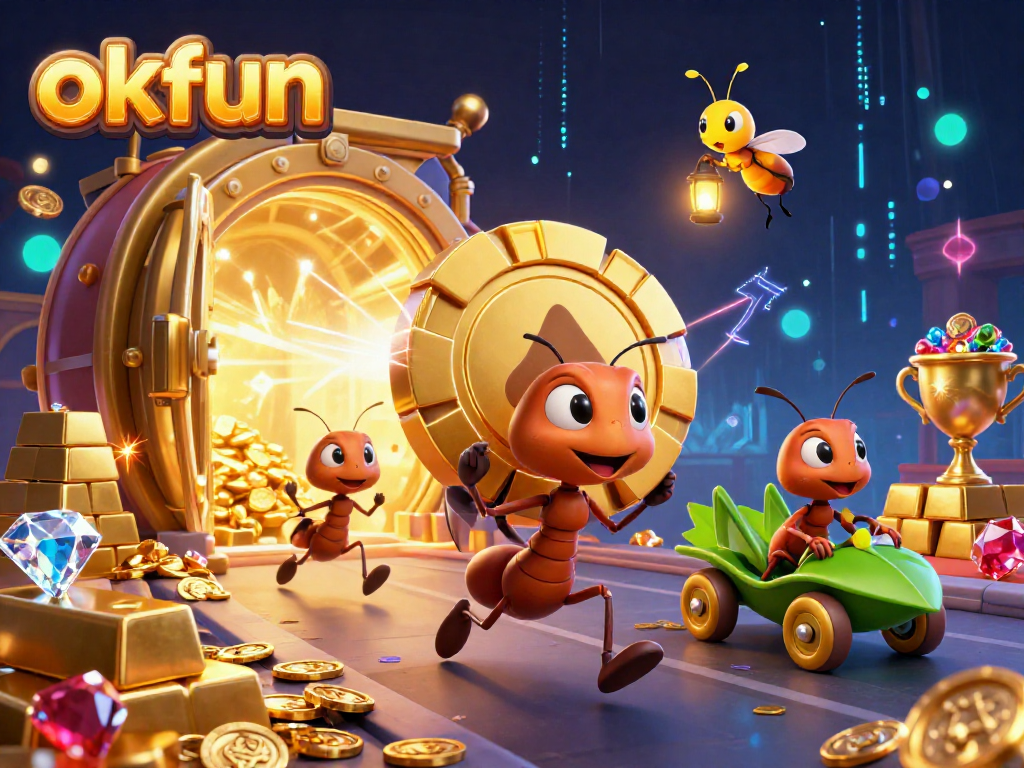 Experience the adventure of okfun with ants heisting a giant poker chip in an engaging online casino scene.