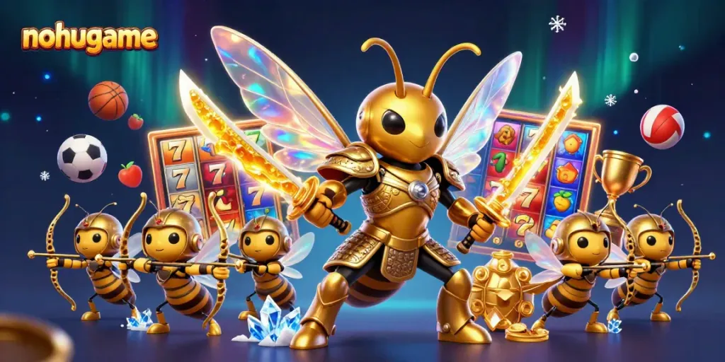 Engage with exciting slots at nohugame, featuring dynamic symbols and vibrant gameplay in an imaginative scene.