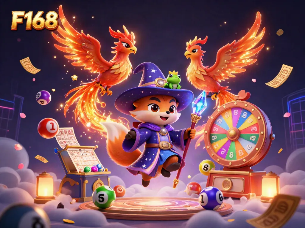 Engage with F168's thrilling gaming universe featuring lottery balls, a phoenix, and a wizard fox