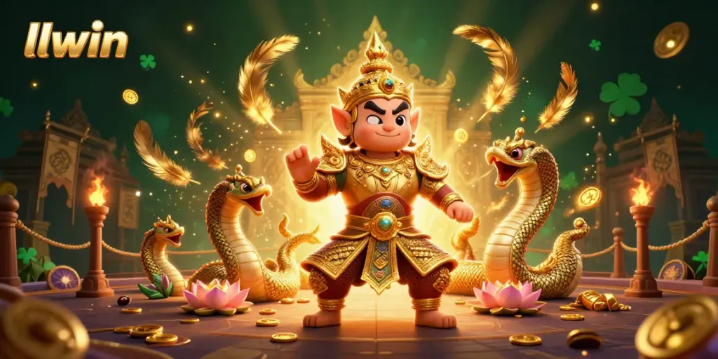 Engage with llwin's vibrant gaming world featuring a Thai guardian and dynamic casino elements.