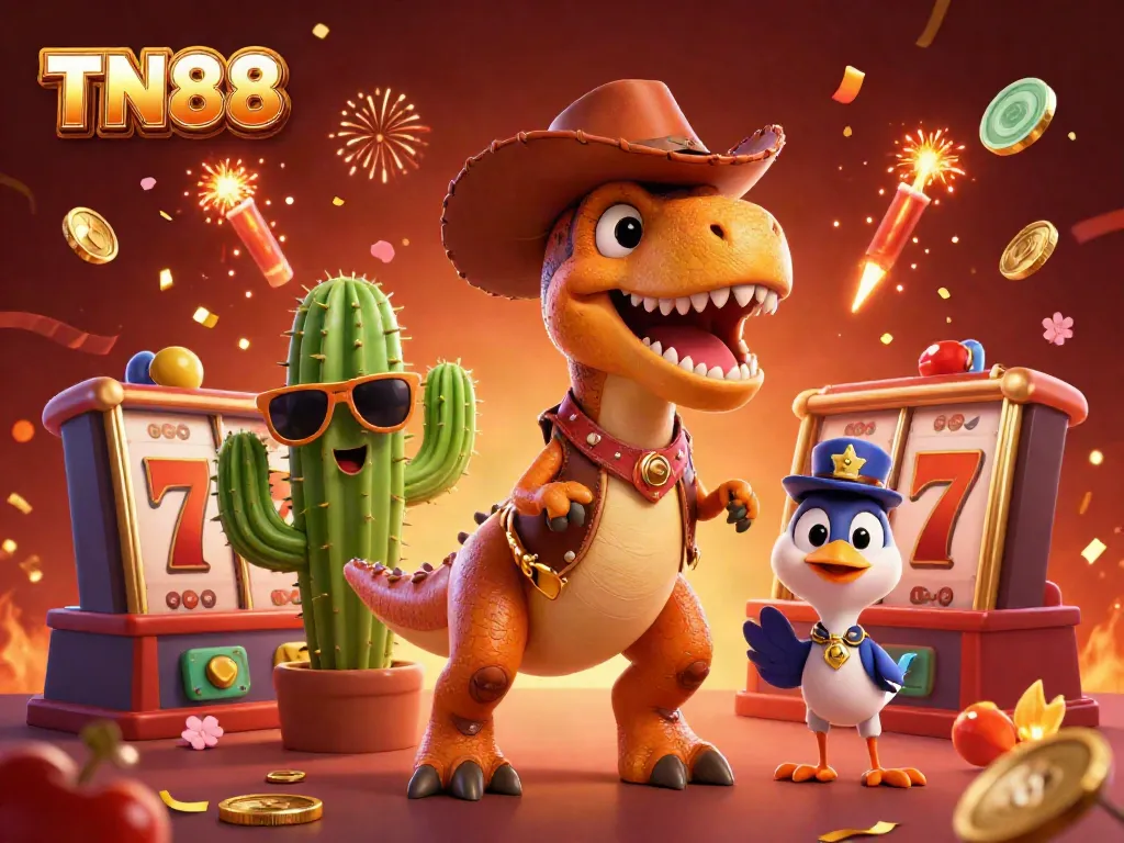 Engage in thrilling TN88 casino play with a cartoon dinosaur and games amidst festive imagery.