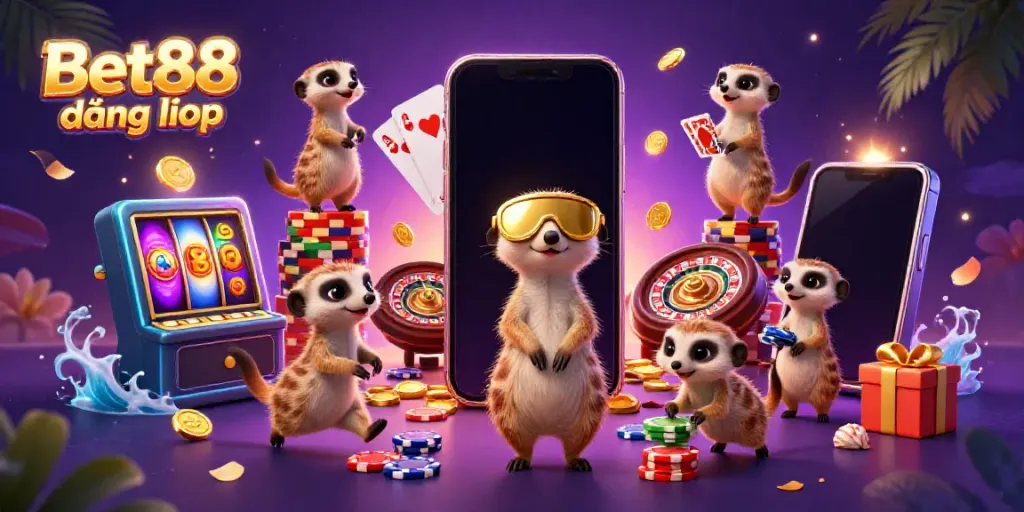 Bet88 đăng nhập with meerkats managing a vibrant casino scene filled with slots and cards.