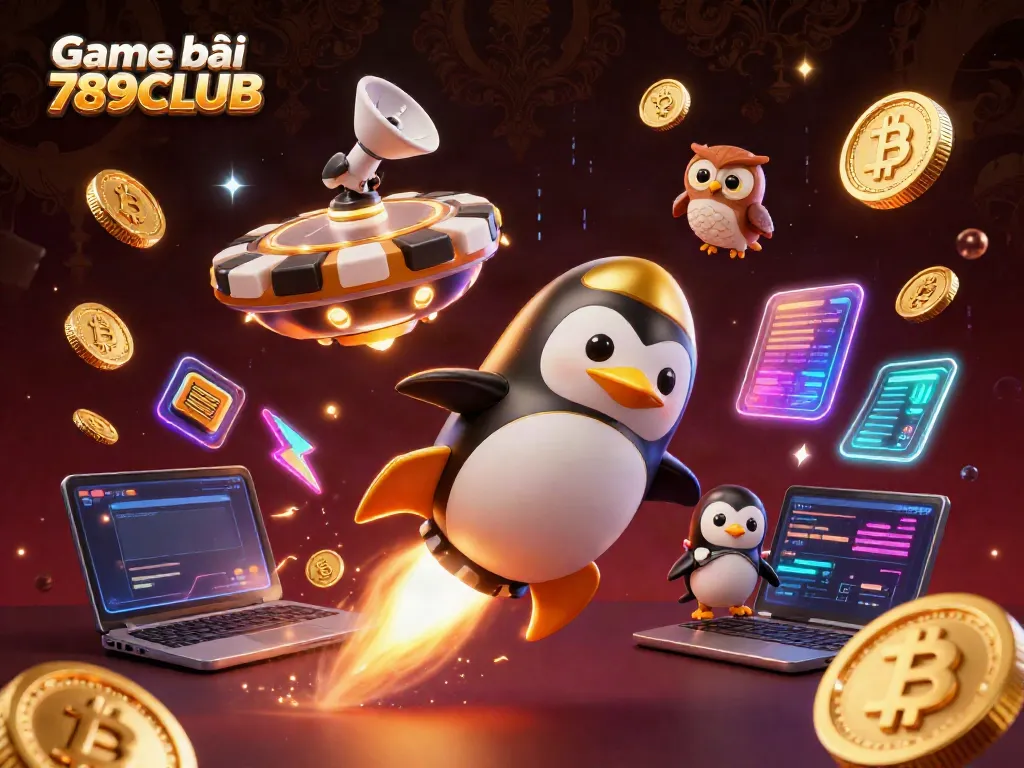 Engage with Game bài 789CLUB as a golden penguin and vibrant coins soar towards a casino space station.