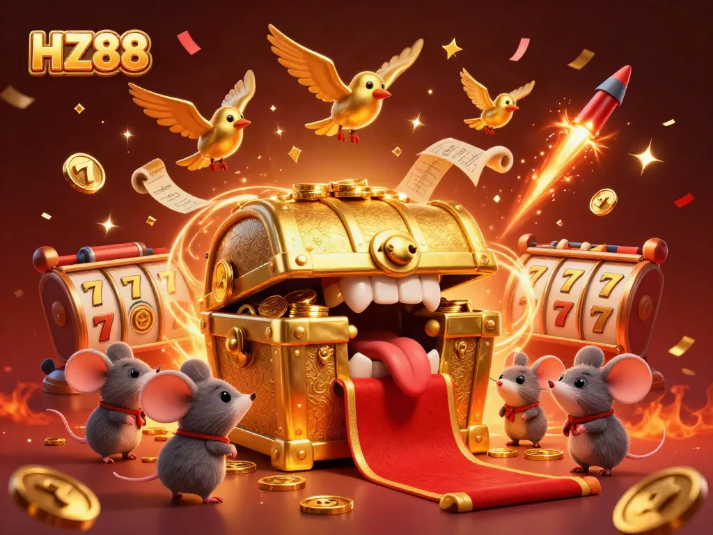 Engage with HZ88's thrilling mobile casino features, showcasing vibrant slot reels and a dynamic treasure-filled scene.
