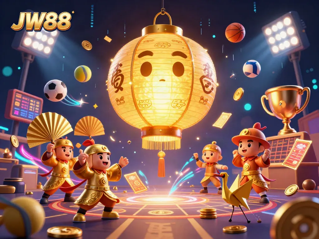 JW88 game scenes with floating lantern spirit, sports balls, and casino elements create thrilling atmosphere.