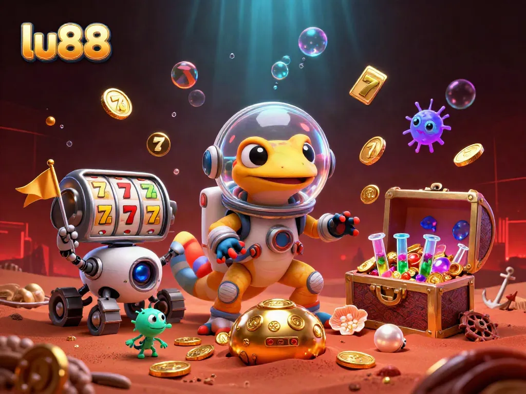 Experience exciting wins at lu88 with a Martian gecko discovering a golden casino in this vibrant 3D illustration.