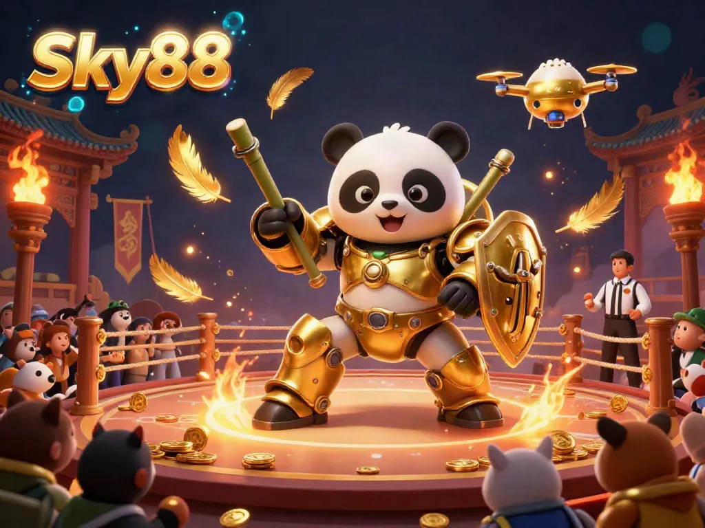Sky88 casino illustration depicting a golden panda piloting a robot, vibrant gaming elements, and energetic atmosphere.