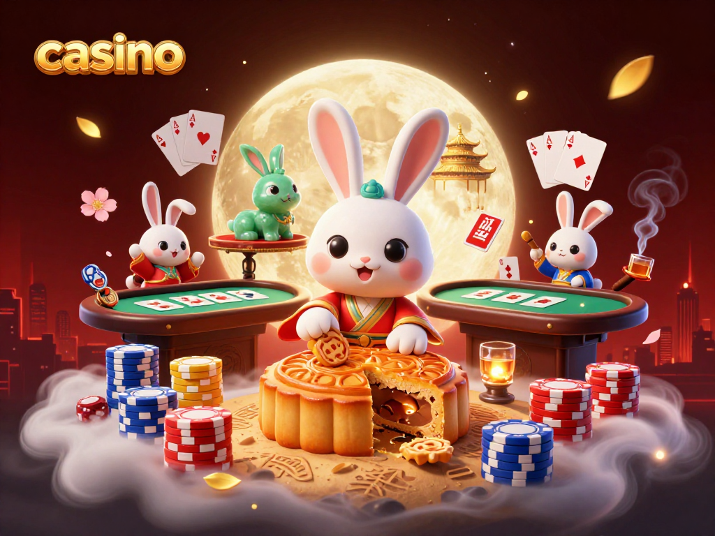 Dynamic casino scene featuring a moon rabbit, poker elements, and vibrant details