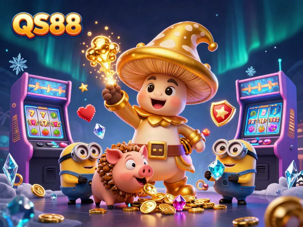Experience the excitement of QS88 with our enchanting illustration showcasing a golden mushroom wizard and treasure-hunting pig amidst vibrant casino elements.
