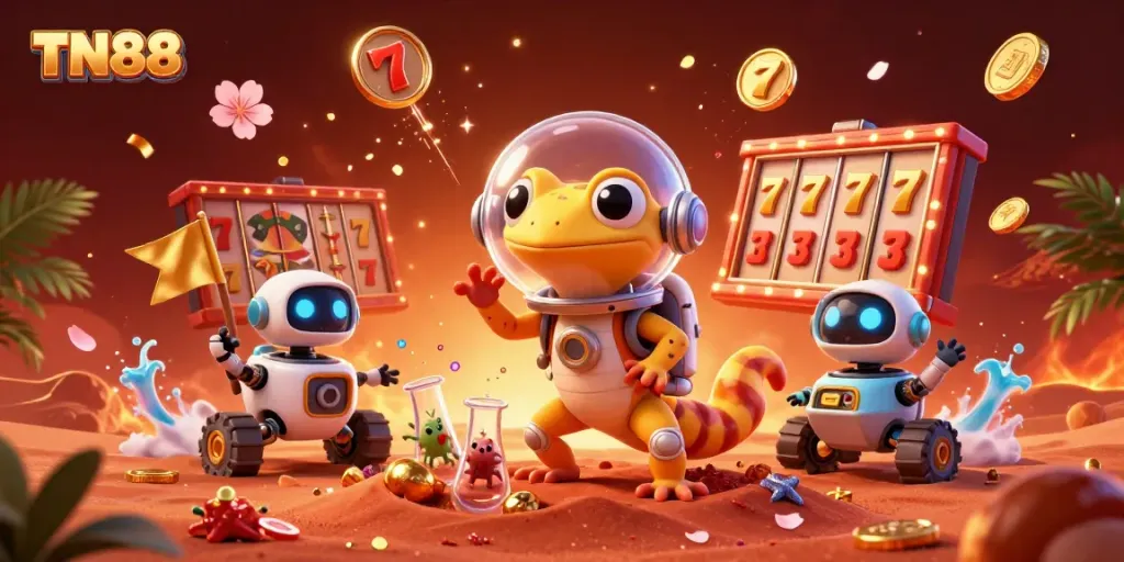 Win big at TN88 casino with a vibrant Martian theme showcasing a golden casino and lively characters.