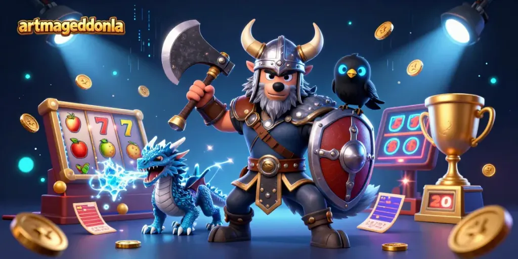 Experience the thrilling excitement of artmageddonla with a dynamic scene of a wolf warrior, dragon, and casino elements.