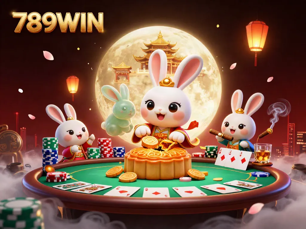Experience the thrill of 789WIN with a moon rabbit character enjoying poker on the moon.