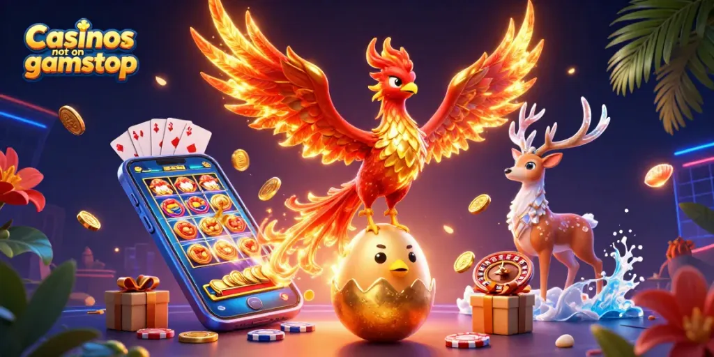 Engaging illustration of Casinos not on gamstop featuring vibrant casino elements and dynamic characters.