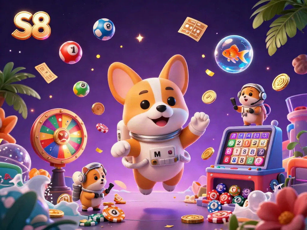 S8 brings excitement as a cartoon corgi enjoys a floating casino adventure amidst vibrant games.