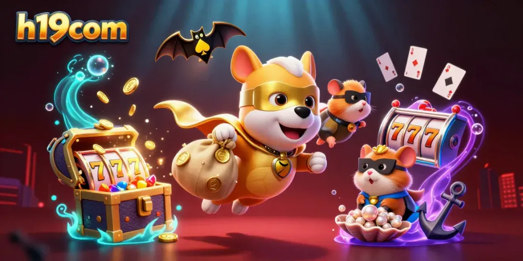 Experience thrilling adventures with h19com's vibrant casino game scene featuring a superhero dog and colorful elements.