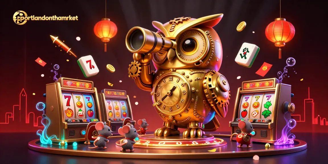 Engaging portlandonthemarket casino scene with a golden owl and bustling slot machines.