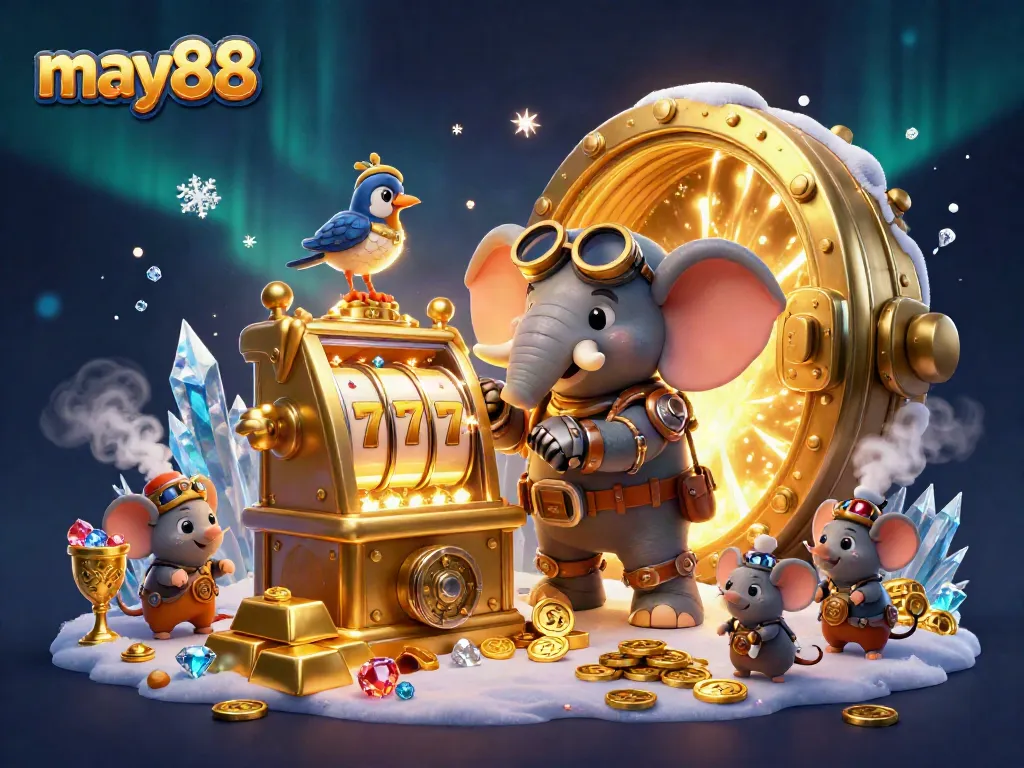 Experience the excitement of may88 with a steampunk-themed slot machine and treasure-filled scene.