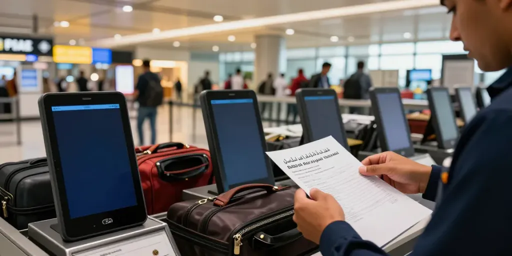 Travelling to uae with prescription medicine at airport customs with traveler holding documents.