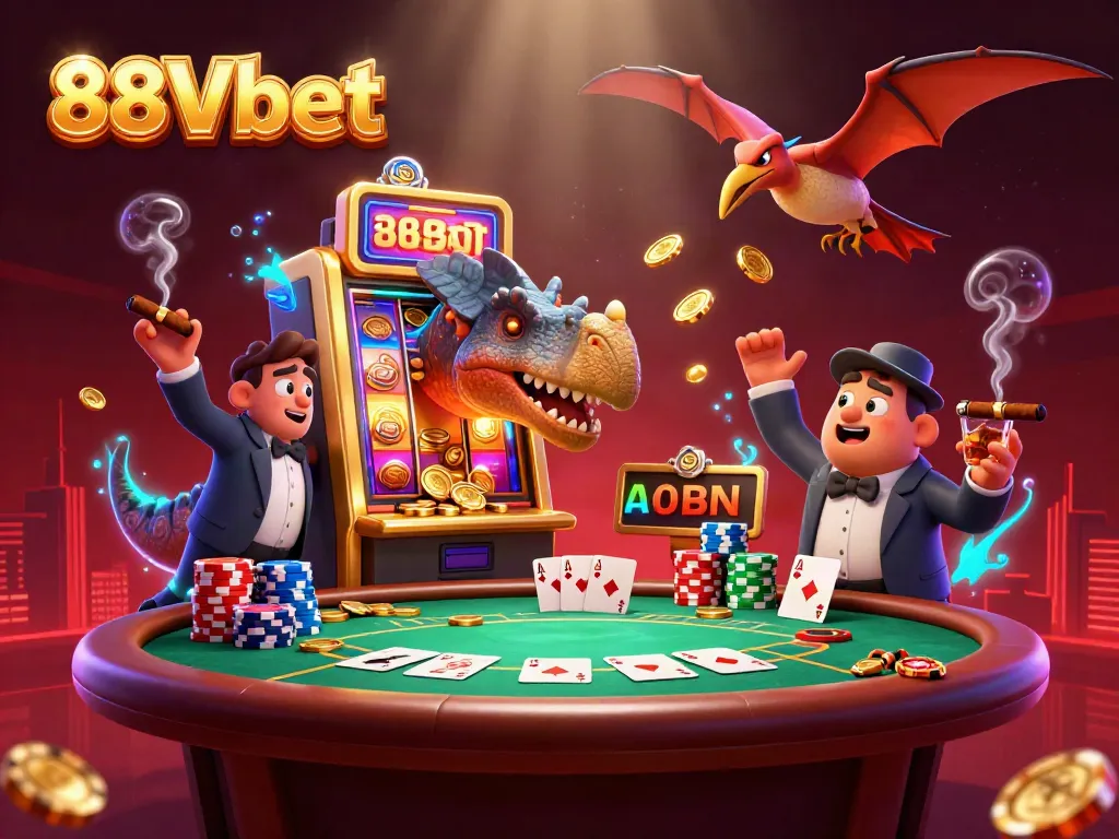 Experience a dynamic 88Vbet scene with cartoon dinosaurs, a jackpot slot machine, and vibrant poker elements.