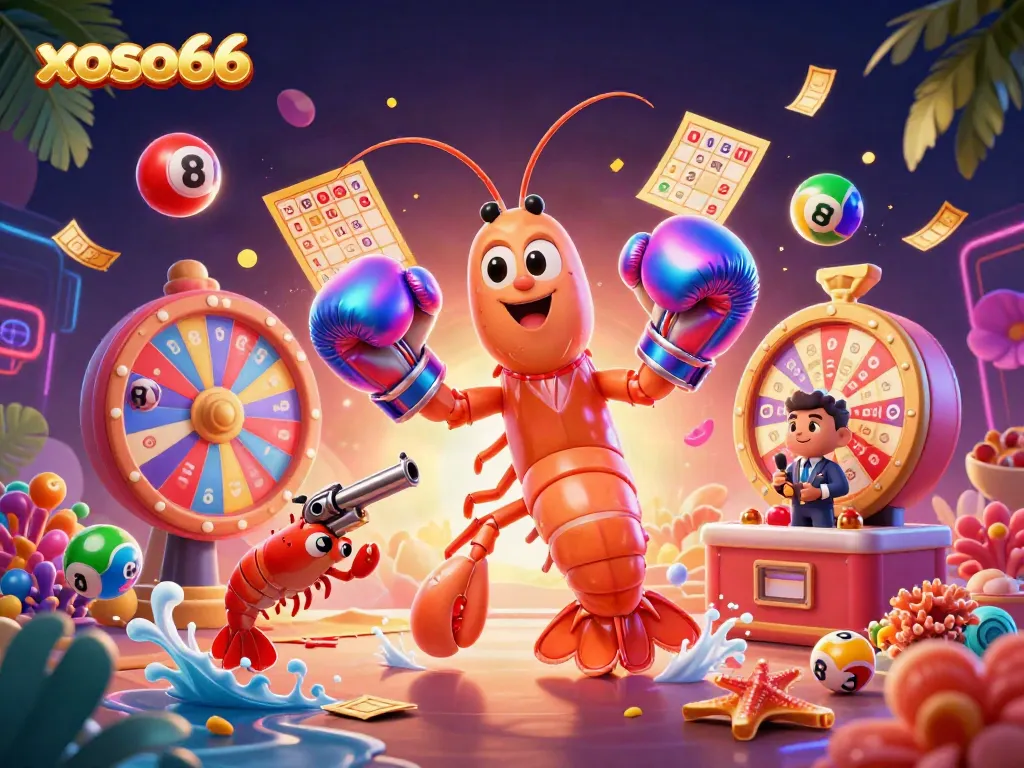 Xoso66 jackpot fun featuring cartoon shrimp characters and vibrant lottery game elements.
