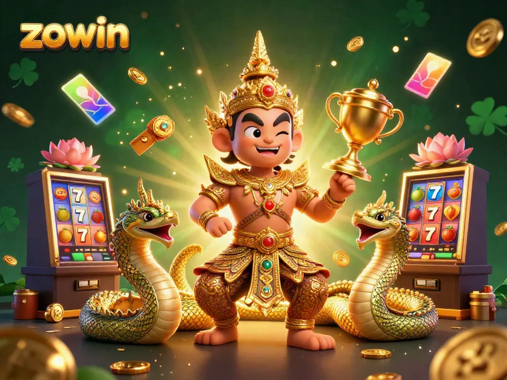 Zowin’s captivating slot gaming scene featuring a guardian and Naga serpents among dynamic casino elements.