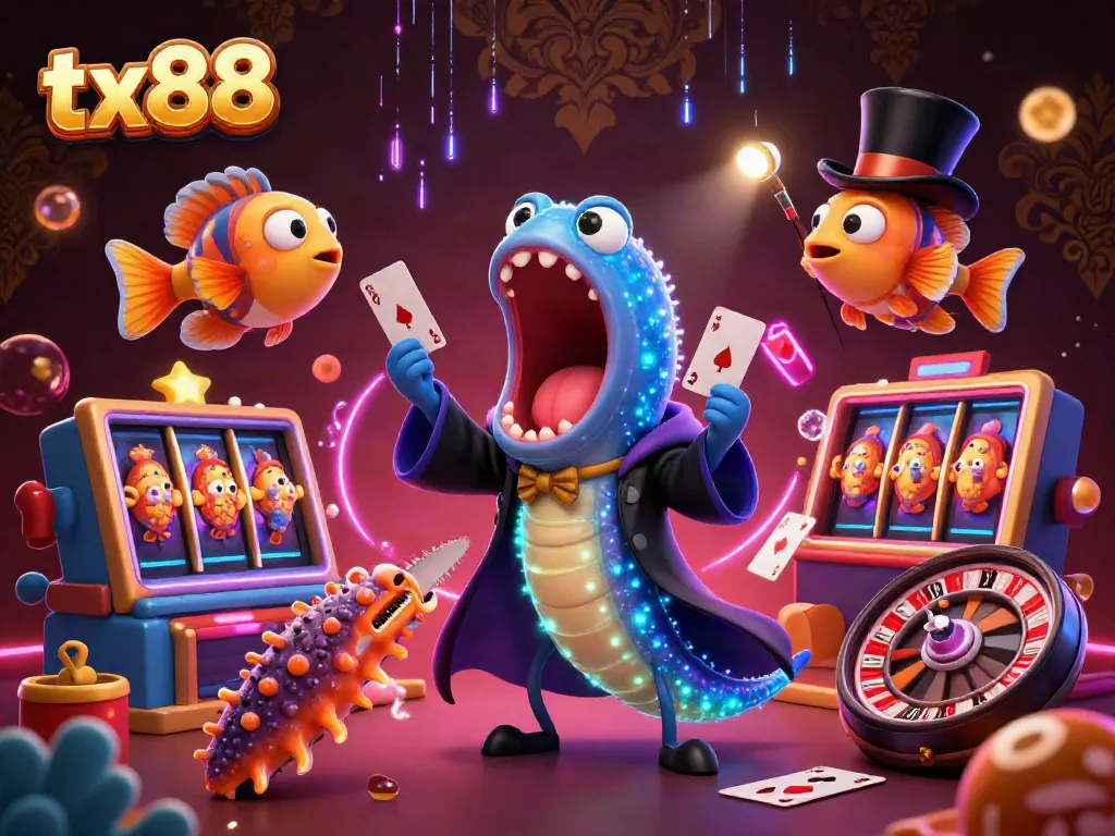 Engage in thrilling casino fun with TX88 as a bioluminescent eel performs card tricks amidst vibrant gambling elements.