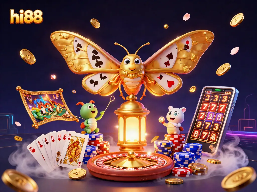 Win big with hi88 at this vibrant casino scene featuring golden moths and dazzling elements.