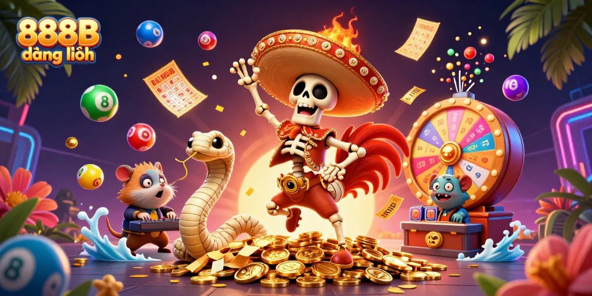 Experience vibrant gaming action with 888B đăng nhập in this dynamic casino scene featuring colorful lottery elements and festive characters.