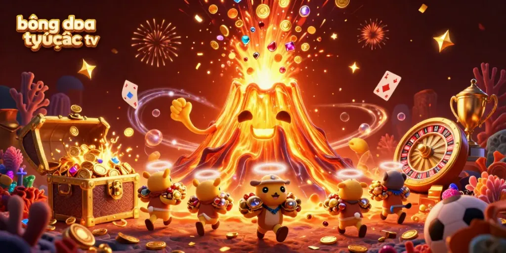 Bóng đá trực tuyến xoilac tv showcases a vibrant 3D scene of a volcano erupting coins and a trophy representing sports betting.