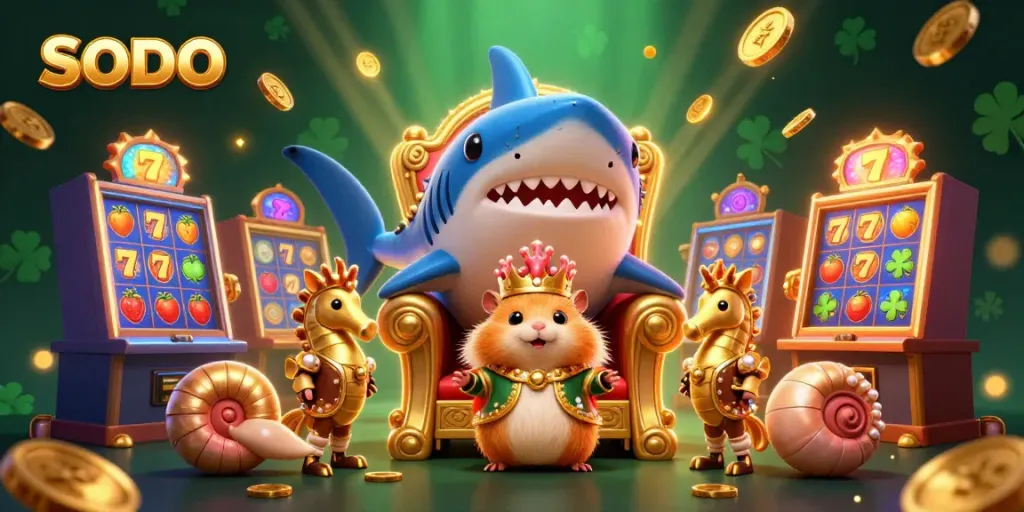 A captivating scene illustrating the SODO casino theme with a golden hamster king and slot machine elements.