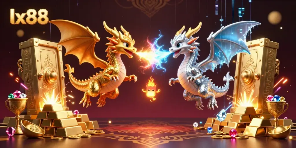 Engage with the enchanting lx88 scene where twin dragons create a yin-yang effect amidst vibrant casino treasures.