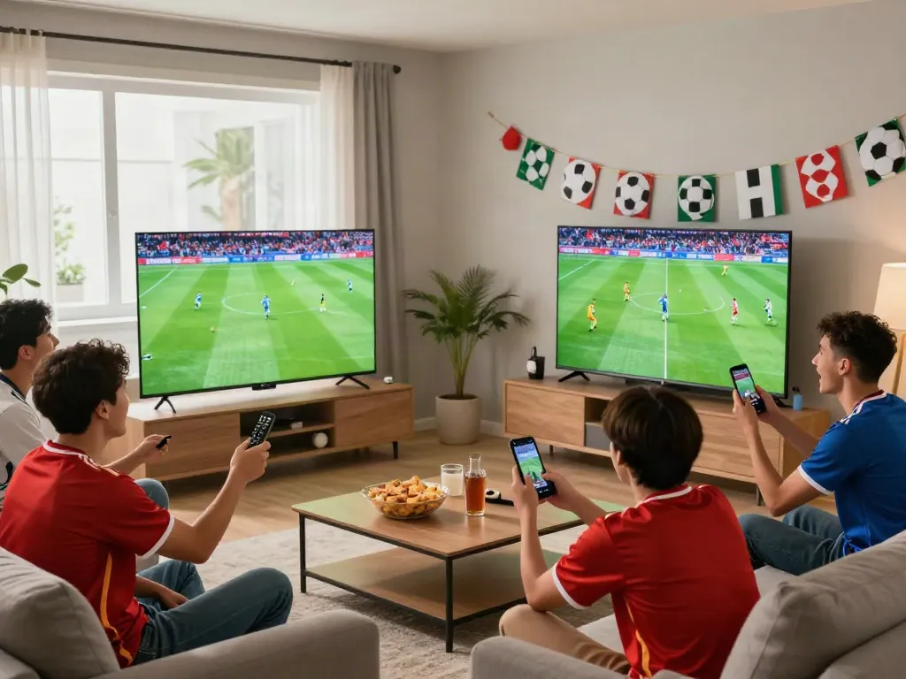 Fans enjoying a lively soccer match at Gavangtv in a cozy living room.