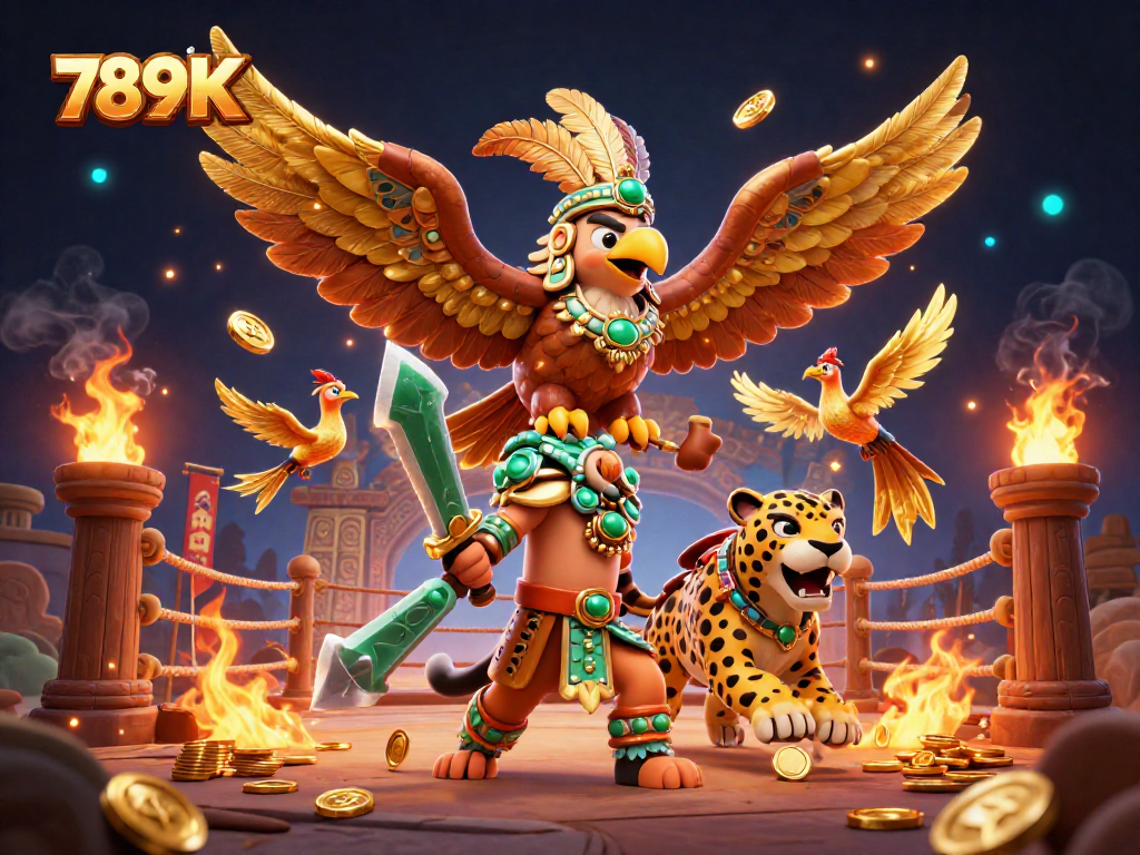 Join the thrilling action at 789K with Aztec warriors battling amidst golden treasures and vibrant casino elements.