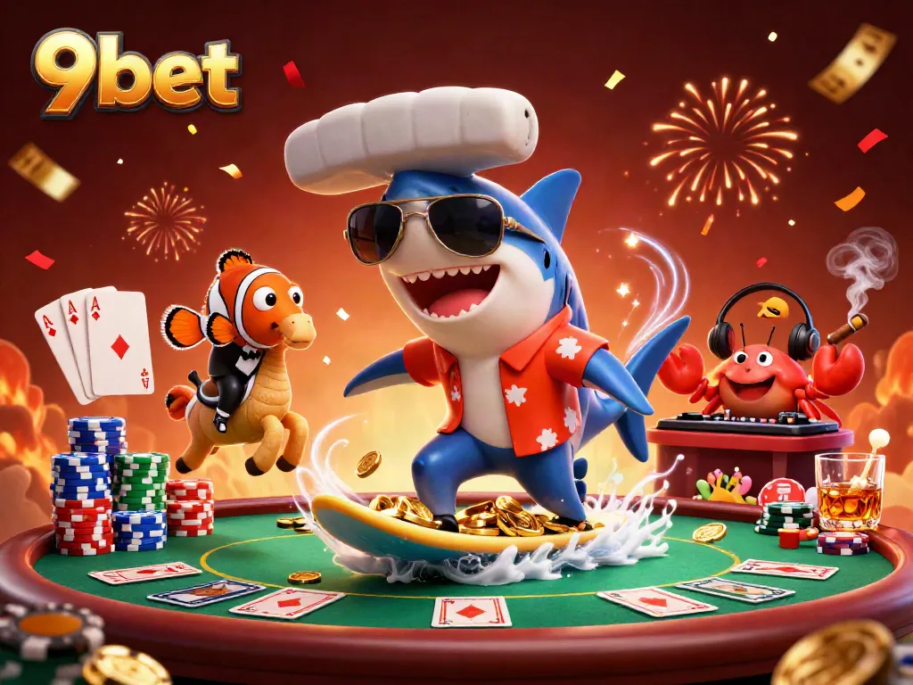 Experience the thrill of 9bet with a vibrant 3D illustration of a surfing shark, clownfish, and crab DJ amidst casino elements.