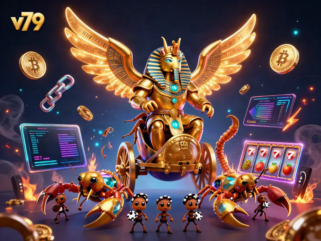 Experience v79's thrilling gaming action with colossal golden characters and vibrant slot elements!