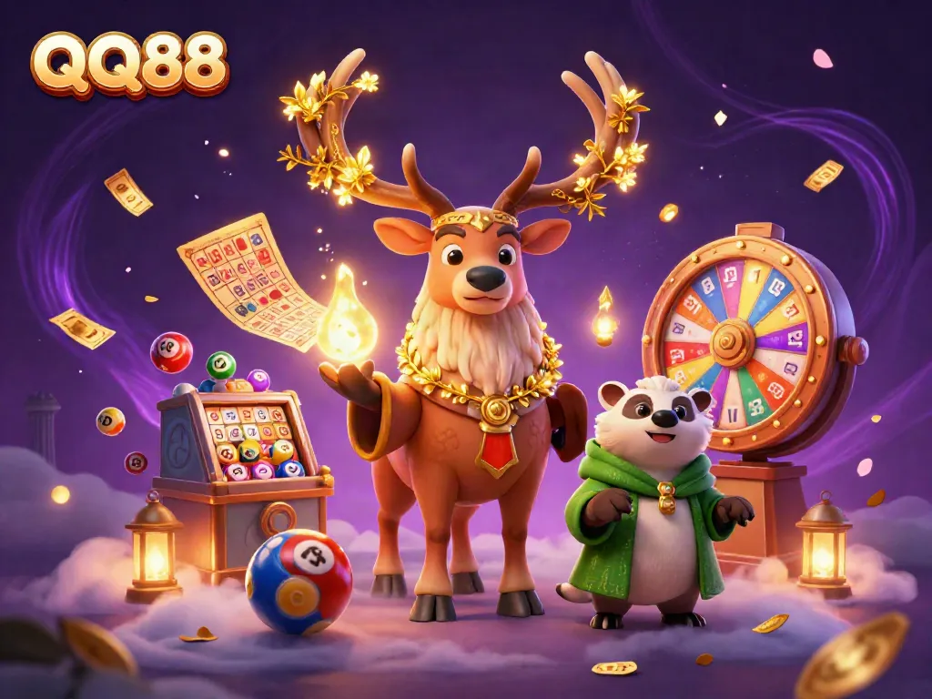 Experience the thrill of QQ88 with magical characters amidst vibrant lottery elements.