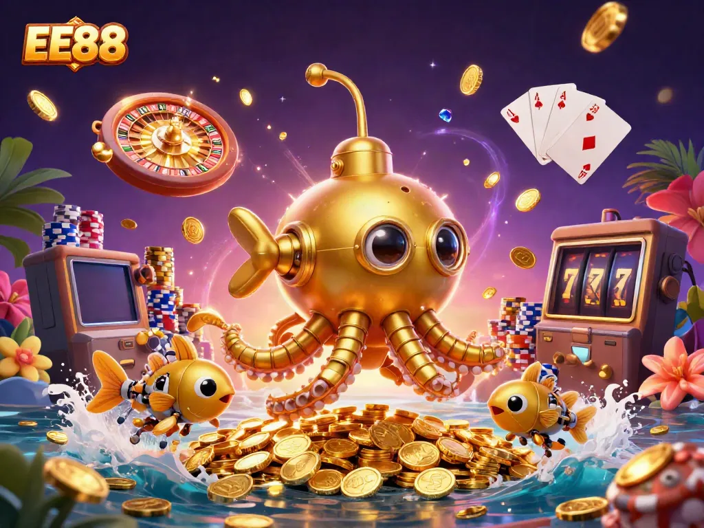 EE88 captures a lively gaming scene with a golden kraken submarine and mechanical fish surrounded by cascading coins and poker chips.