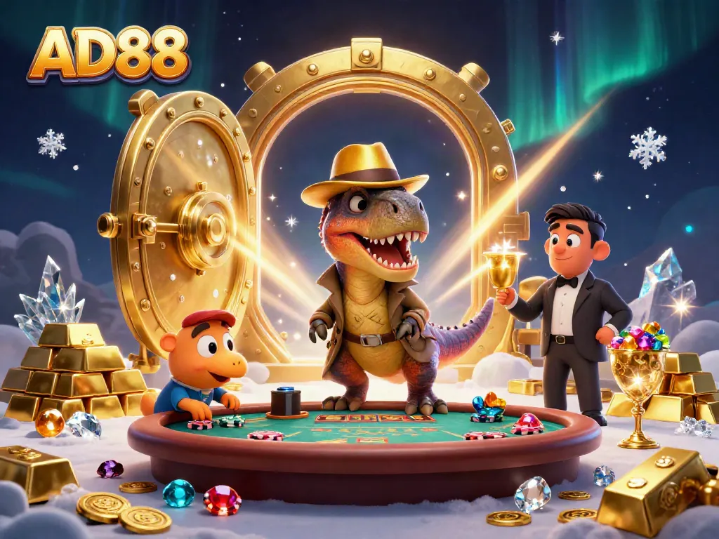 AD88 casino illustration features a velociraptor card counter at a blackjack table alongside a stegosaurus pit boss.