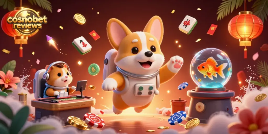 Engage in cosmobet reviews with a vibrant casino scene showcasing animated characters in action.