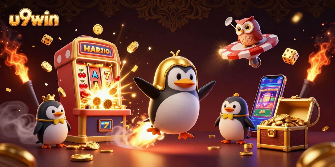 Feel the thrill of u9win as a golden penguin blasts towards a casino space station, surrounded by vibrant game elements!