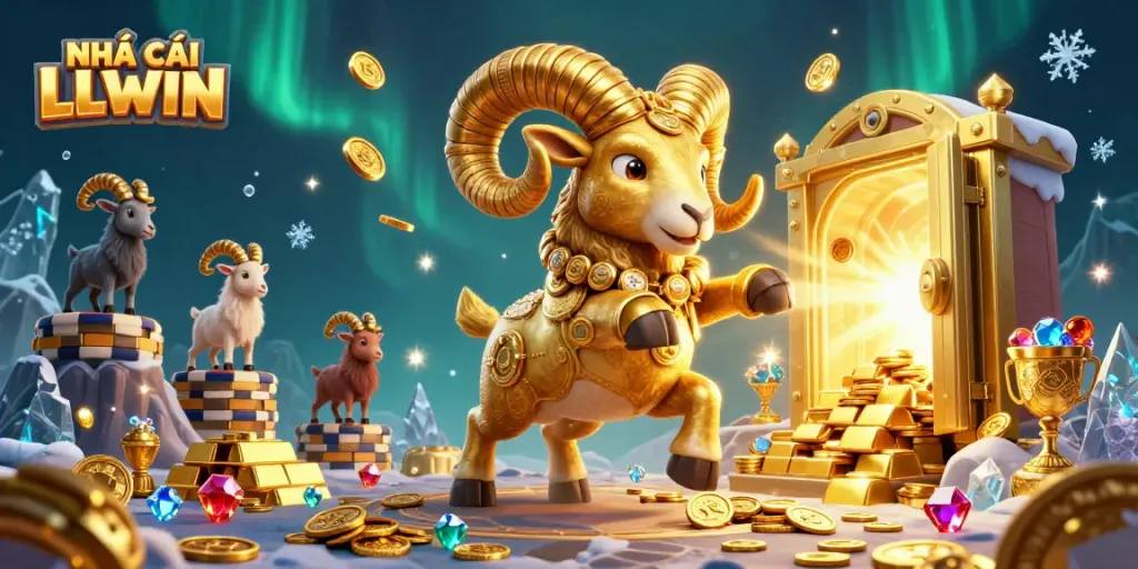 Experience exhilarating action with NHÀ CÁI LLWIN, featuring a golden ram charging through a treasure-filled casino scene.