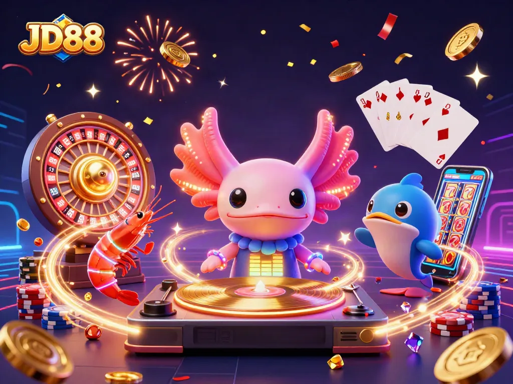 Experience JD88's lively casino atmosphere with a neon axolotl DJ and vibrant gaming elements.