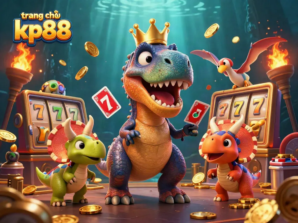 Engage with action at trang chủ kp88, featuring playful dinosaurs in a vibrant casino setting.