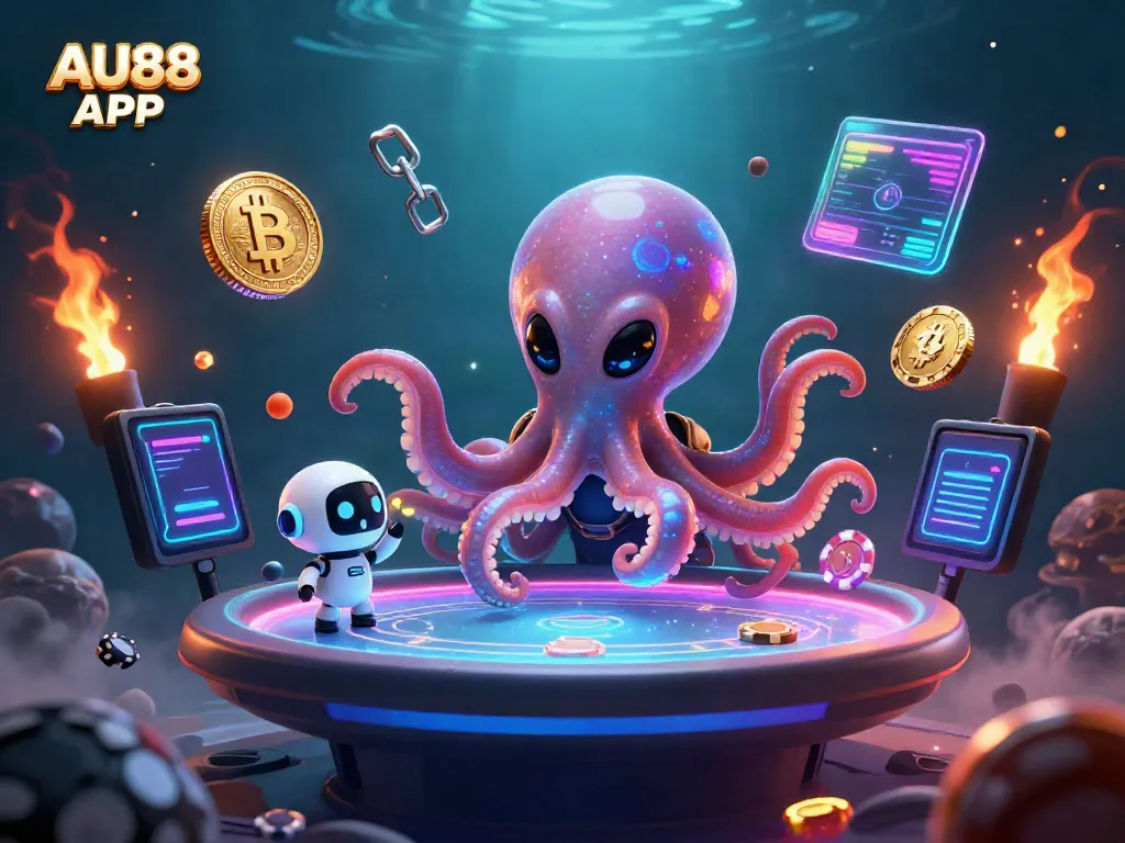 A cartoon alien octopus operates the AU88 APP holographic poker table in an exciting casino scene.